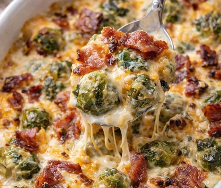 Keto Cheesy Brussels Sprouts with crispy bacon on a white plate