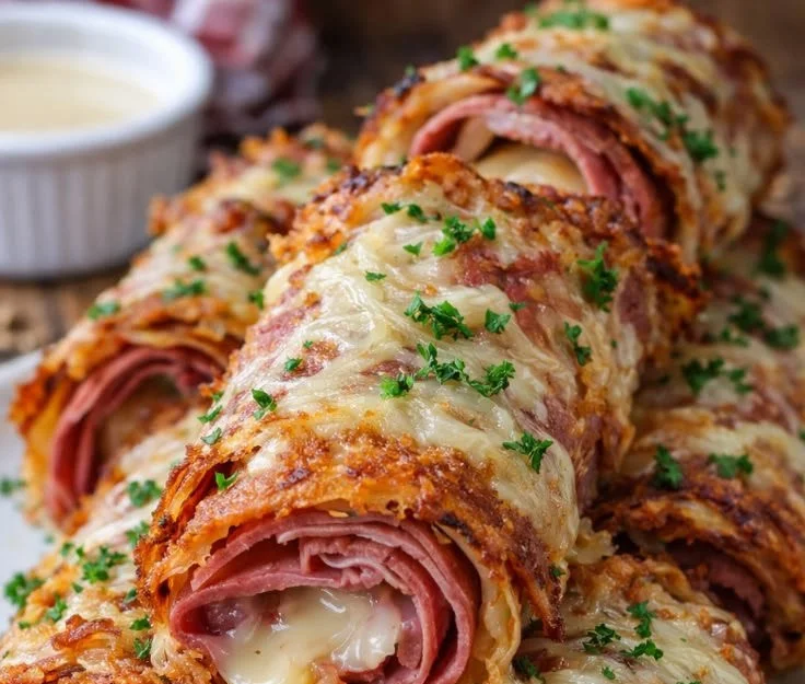Delicious Keto Crispy Reuben Roll-Ups ready to serve.