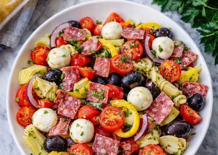 Keto no-pasta pasta salad recipe with fresh vegetables and dressing