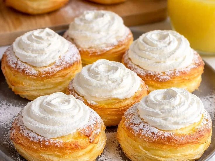 Delicious lemon cream puffs filled with creamy lemon filling and dusted with powdered sugar.