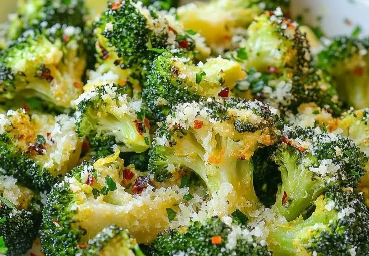 Lemon garlic roasted broccoli dish garnished with herbs.