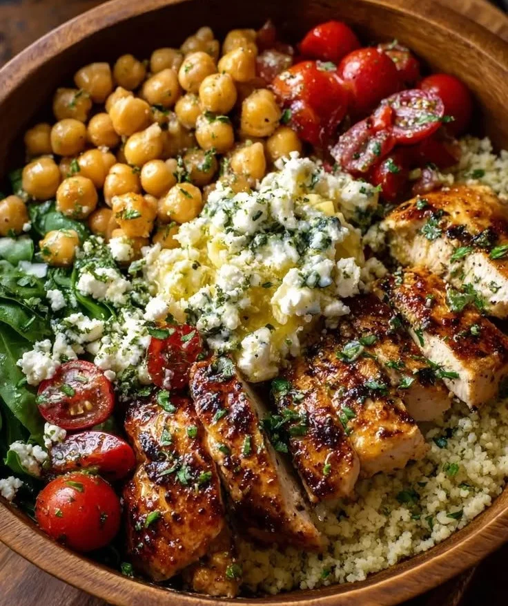 Lemon-Herb Chicken Bowl topped with Chickpeas and Feta cheese