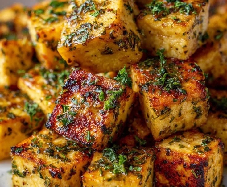Lemon-infused herb baked tofu dish garnished with fresh herbs