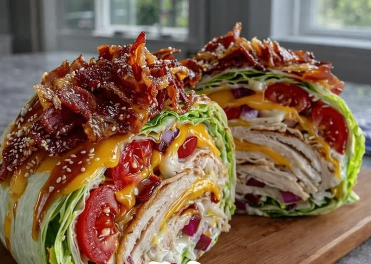 Lettuce-wrapped Turkey Club sandwich with fresh ingredients on a plate