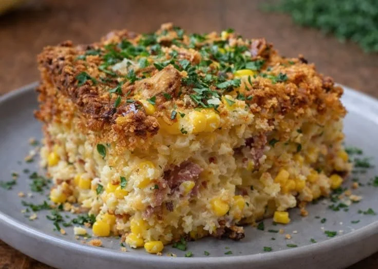 Loaded Cornbread Casserole topped with cheese and veggies, served in a baking dish
