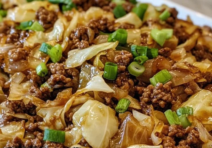 Plate of low-carb Mongolian ground beef with cabbage served in a bowl