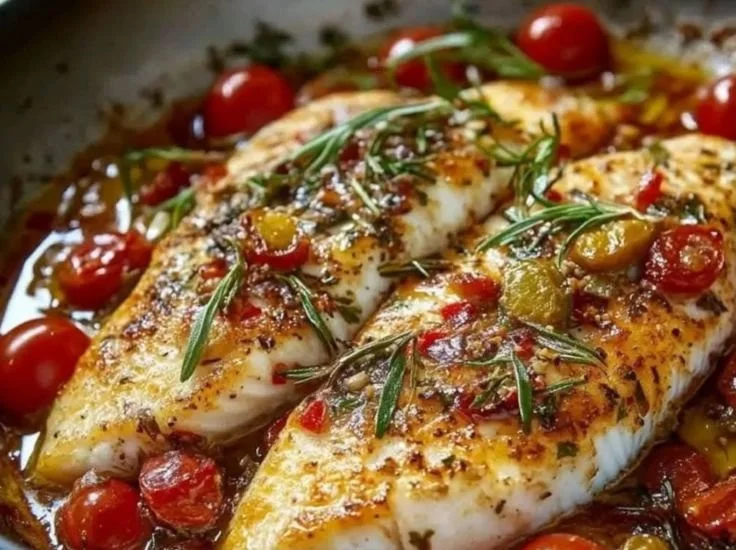 Delicious Mediterranean baked fish garnished with herbs and lemon