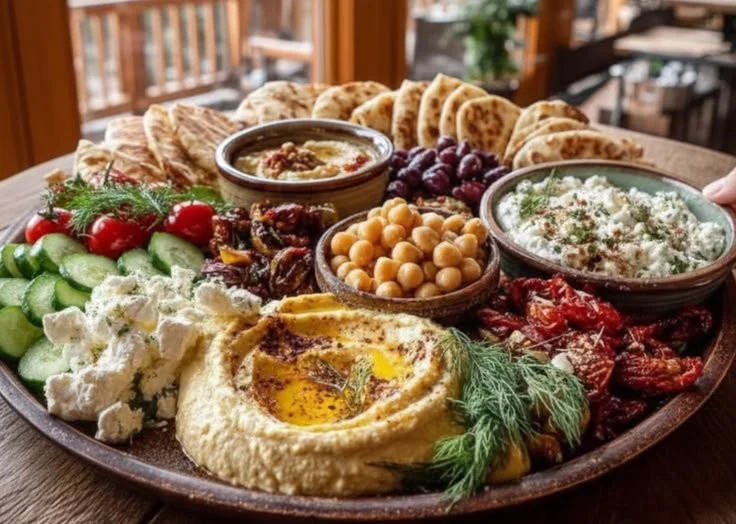 Mediterranean burrata board platter with fresh ingredients and beautiful presentation