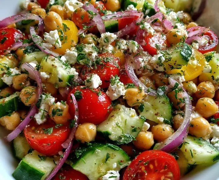 Mediterranean Chickpea Salad with cucumber, feta, and fresh vegetables