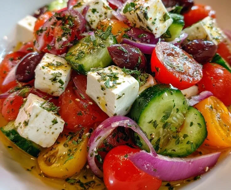 Mediterranean Greek salad with fresh vegetables, olives, and feta cheese