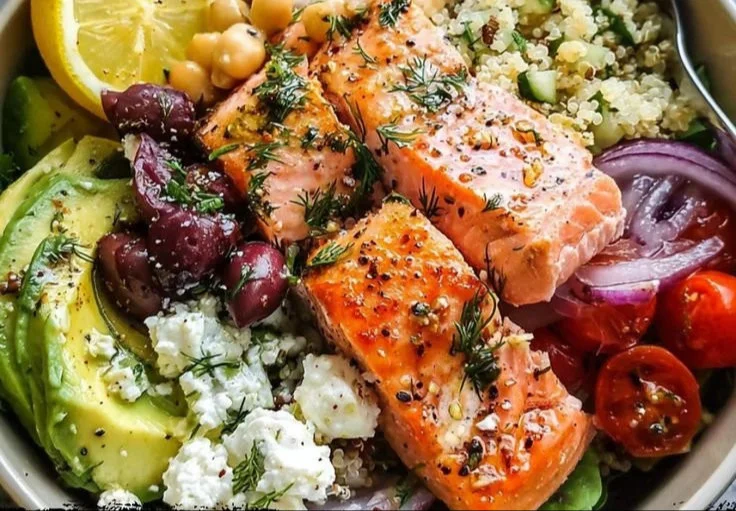 Delicious Mediterranean Salmon Bowl recipe with fresh ingredients and vibrant colors.
