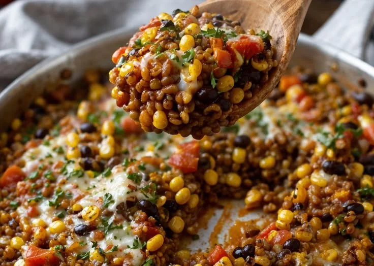 Bowl of flavorful Mexican Lentils garnished with fresh herbs