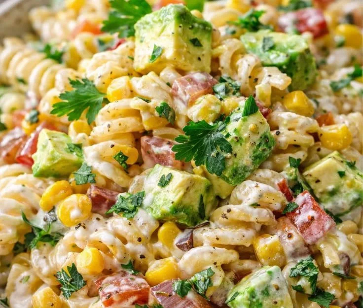 Bowl of Mexican Street Corn Pasta Salad garnished with cilantro and lime