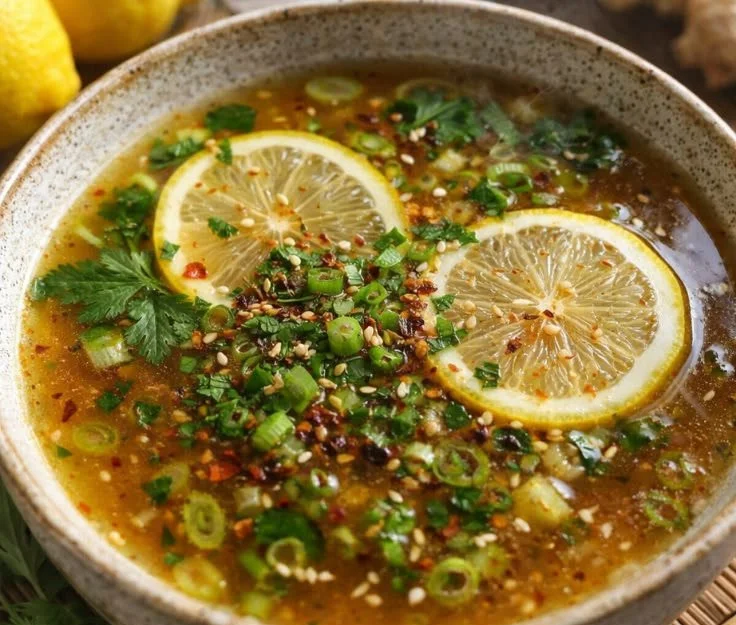 Bowl of Miso-Ginger Lemon Detox Broth garnished with herbs and lemon.
