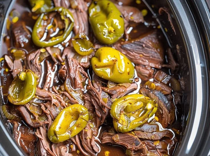 Mississippi pot roast cooking in a crockpot with vegetables and seasonings