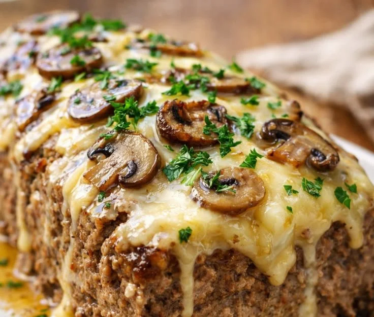 Delicious Mushroom Swiss Cheese Meatloaf ready to serve