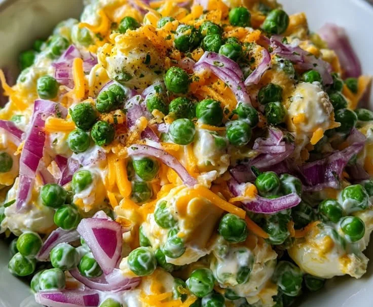 Old-fashioned pea salad made with fresh peas and classic ingredients