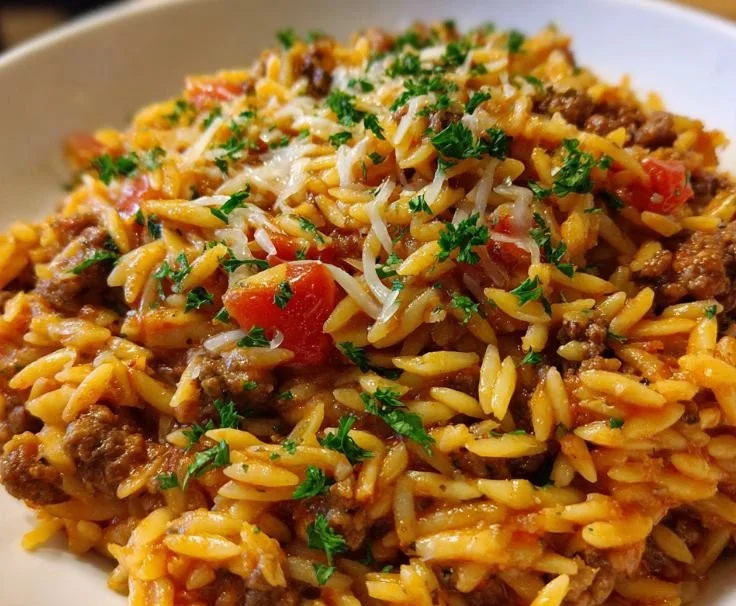 One-Pan Ground Beef Orzo Bake fresh out of the oven