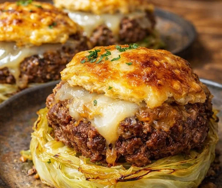 Oven-baked cabbage burgers served with fresh toppings