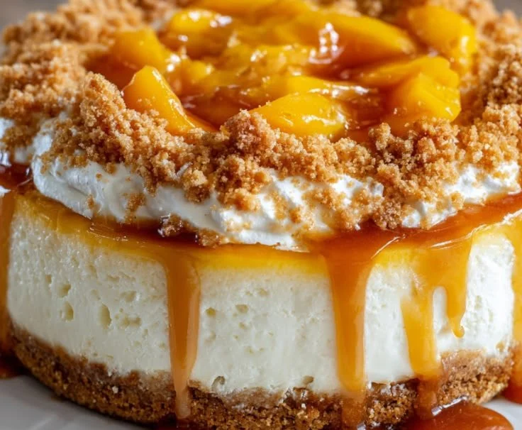 Delicious Peach Cobbler Cheesecake served on a plate with fresh peaches