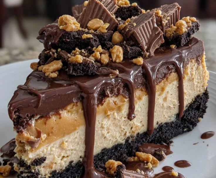 Delicious peanut butter chocolate cheesecake slice on a plate