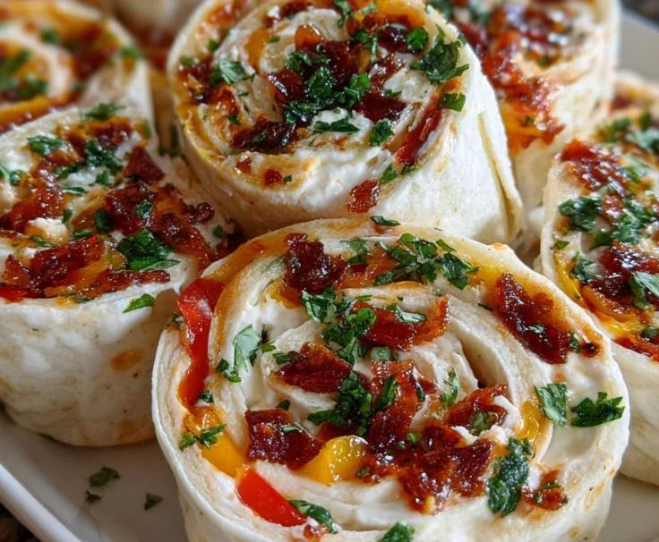 Delicious pepper jelly and cream cheese pinwheels on a serving platter