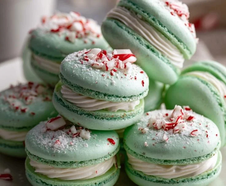 Delicious peppermint macarons displayed on a festive platter