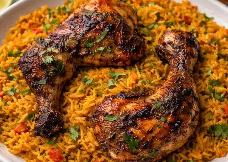 Delicious Peri Peri Chicken served with spicy sauce and garnished with herbs