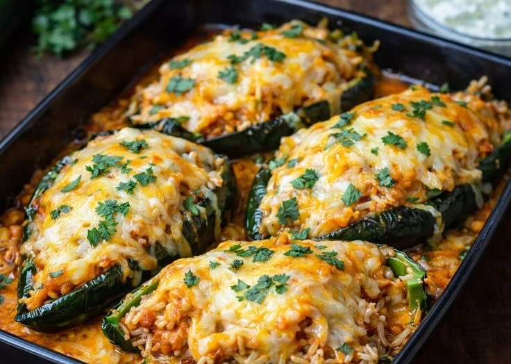 Stuffed poblano peppers with chicken, garnished and ready to serve.