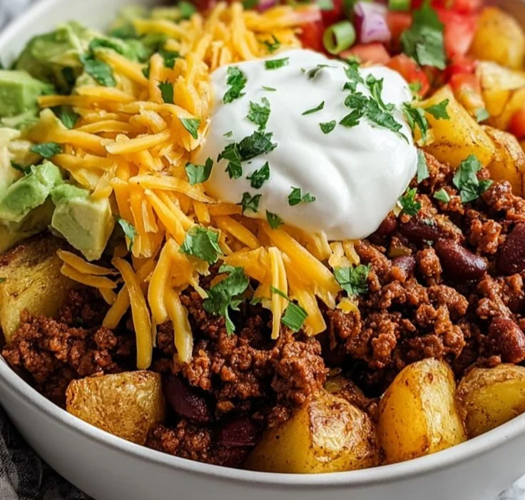 Delicious Potato Taco Bowl with loaded toppings and garnishes.