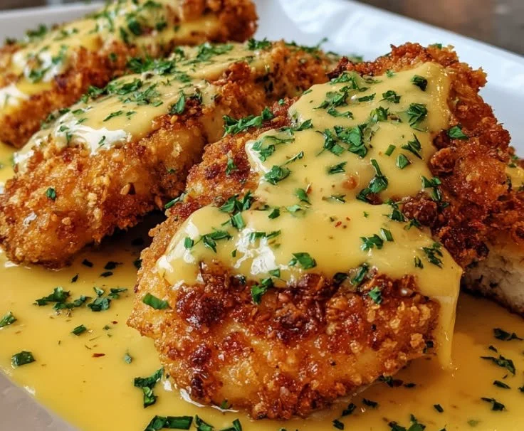 Pretzel-Crusted Chicken drizzled with creamy mustard cheddar sauce on a plate.