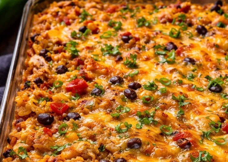 Delicious Protein Burrito Casserole served in a baking dish with toppings.