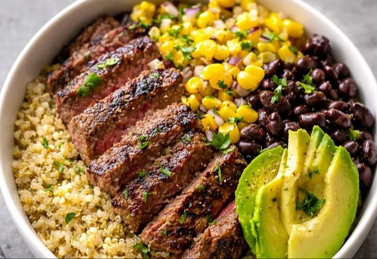 Delicious Mediterranean steak and quinoa bowl packed with nutrients