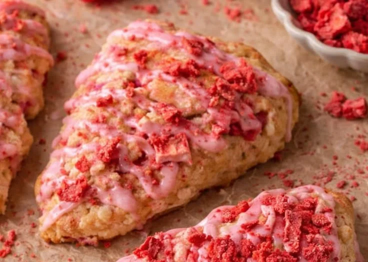 Homemade raspberry scones on a plate with fresh raspberries