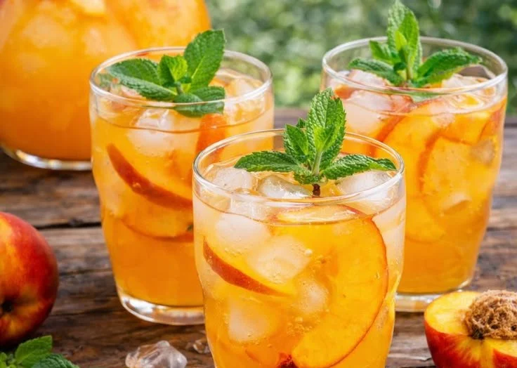 Glass of refreshing peach lemonade with fresh peaches and lemons