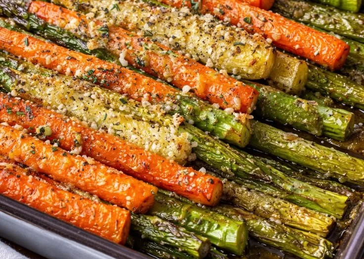 Plate of roasted asparagus and carrots garnished with herbs.