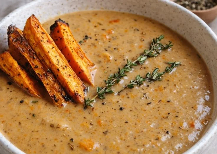 Bowl of Roasted Italian Sweet Potato Soup garnished with herbs.