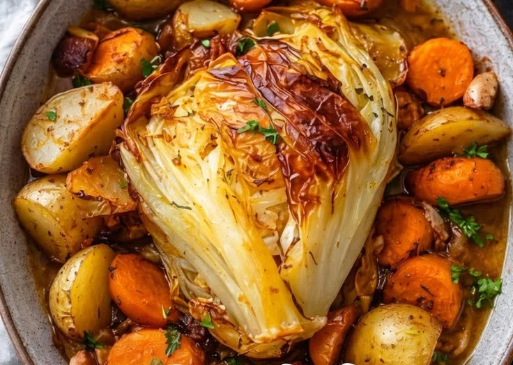 Delicious roasted potatoes with carrots and fresh herbs on a plate