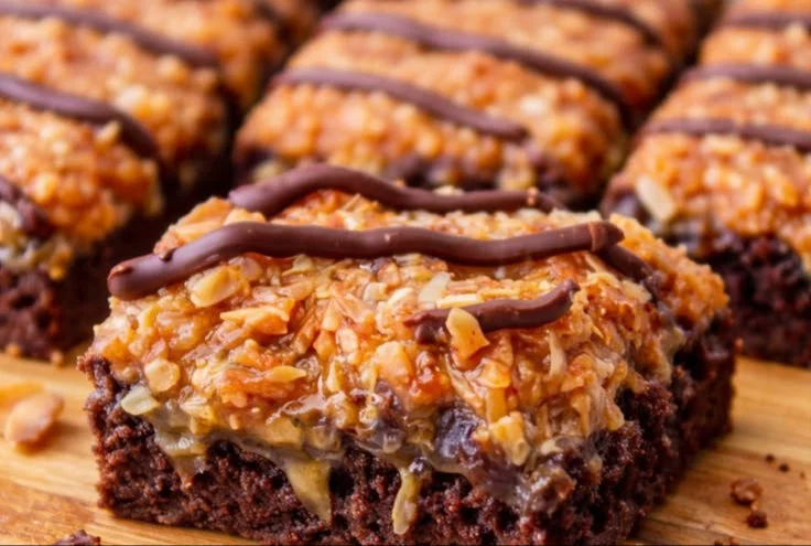 Samoa brownies made from a box mix, topped with chocolate and coconut.