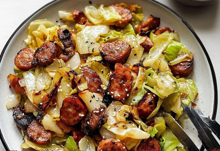 Delicious sausage and cabbage stir fry served in a vibrant bowl