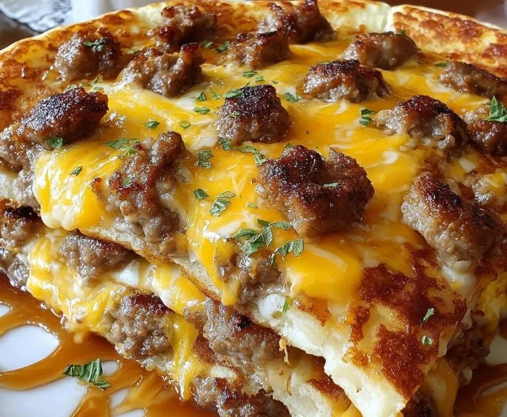 Delicious sausage and cheese sheet pan pancakes served on a plate.