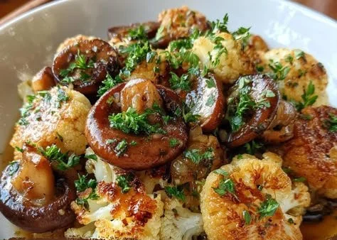 Sautéed garlic mushrooms and cauliflower dish in a skillet