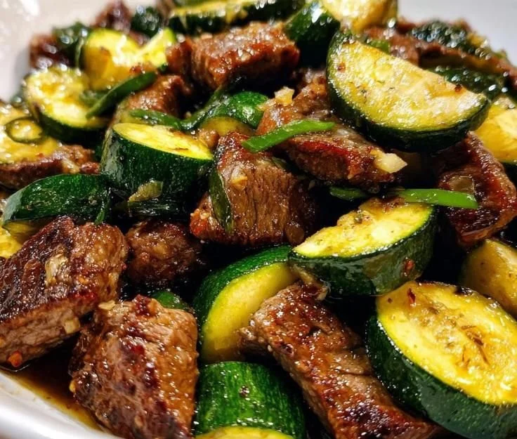 Savory garlic butter steak bites served with sautéed zucchini