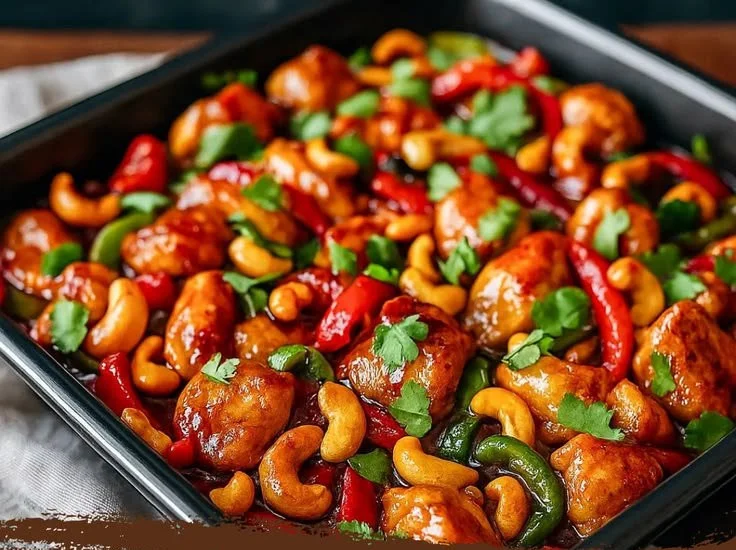 Delicious sheet pan cashew chicken served with vegetables