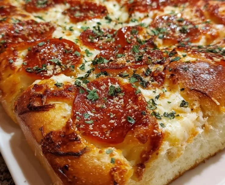 Delicious Sicilian Pizza in New York Bakery Style with thick crust and toppings