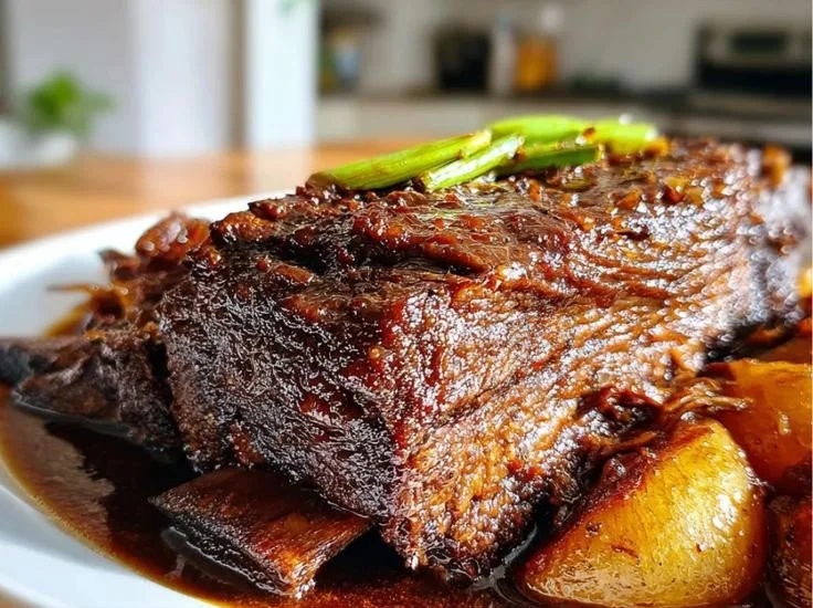 Slow-cooked beef brisket served on a rustic wooden table