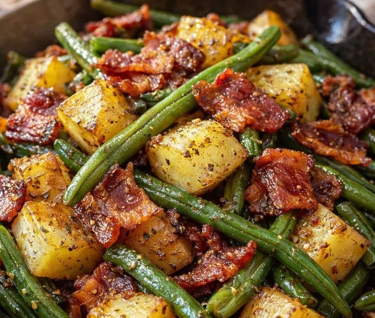 Southern green beans with potatoes and bacon dish served in a bowl