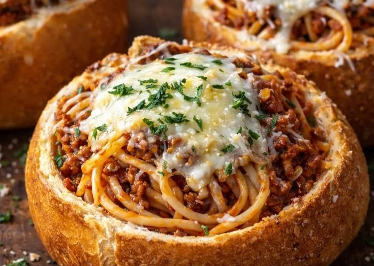 Spaghetti in garlic bread bowls ready to serve, topped with herbs and cheese.