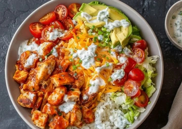 Spicy Buffalo Chicken Rice Bowl topped with chunks of chicken and fresh ingredients