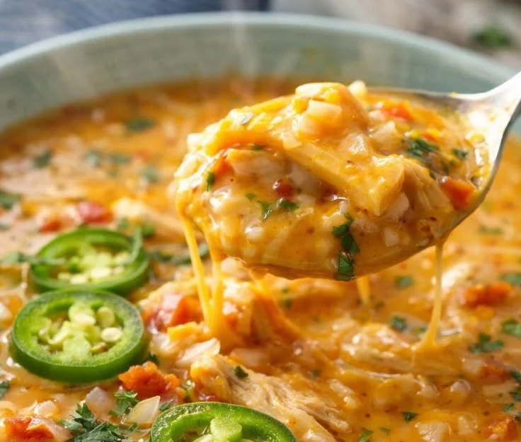 Bowl of spicy jalapeño popper chicken soup garnished with cheese and jalapeños